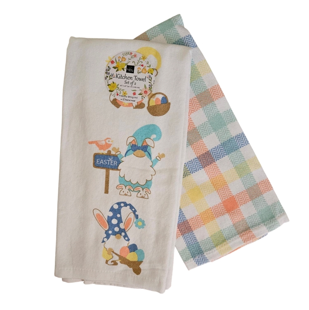 NWT Homewear Easter Gnomes/Plaid 2-pc Kitchen Towels Set